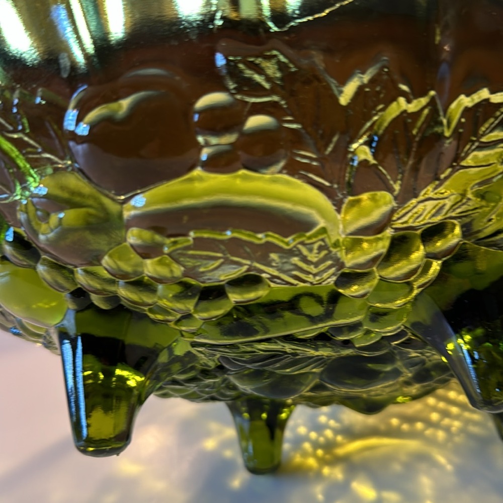 Indiana Glass green footed serving display bowl embossed fruit - Picture 6 of 6